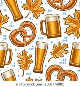 Vector Oktoberfest Seamless Pattern, decorative background with flying oktoberfest pretzel, autumn leaves and pint beer glass for wrapping paper, square placard for oktoberfest on white background