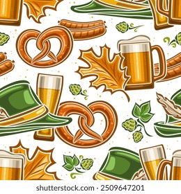 Vector Oktoberfest Seamless Pattern, decorative background with flying oktoberfest pretzel, green tyrolean hat and pint glass for wrapping paper, square placard for oktoberfest on white background