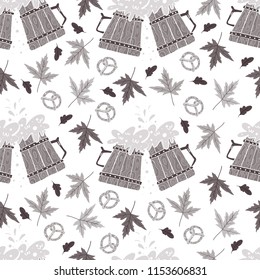 Vector Oktoberfest seamless pattern with pretzel,autumn leaves and beer mugs on white background. Perfect for wallpaper, gift paper, holiday greeting cards.