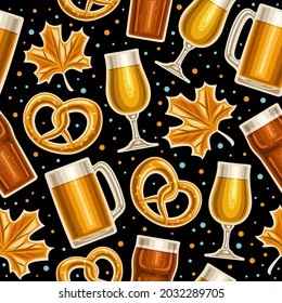 Vector Oktoberfest Seamless Pattern, square repeating background for oktoberfest brewery, poster with illustration of beer snifter, salted german pretzel and cartoon maple leaf on dark background.