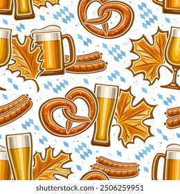 Vektor Oktoberfest Nahtloses Muster, quadratischer Hintergrund mit fliegender Oktoberfest-Brezel, blaue dekorative Rauten und Pint-Glas zum Verpacken von Papier, Retro-Plakat für Oktoberfest auf weißem Hintergrund