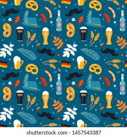 Vektorillustration oktoberfest nahtloses Muster mit traditionellen bayerischen Elementen: Tyrolean-Hut, Bierflaschen, Bierglas, Brezel, deutsche Flagge und Herbstblätter. Wiederholte Textur für deutsches Bierfest.