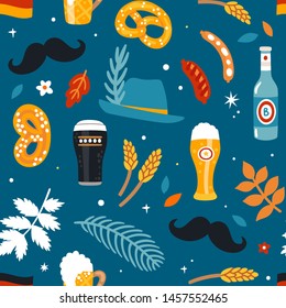 Vector oktoberfest seamless pattern with traditional bavarian elements: tyrolean hat, beer bottles, beer glass, pretzel, germany flag and autumn leaves. Repeated texture for deutsch festival of beer.