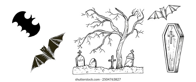 Vector old abandoned cemetery, black bat, wooden coffin with a cross. Hand painted linear autumn tree illustration. Graphic monochrome tombstone art for tattoo, symbol of death, halloween, horror. Iso
