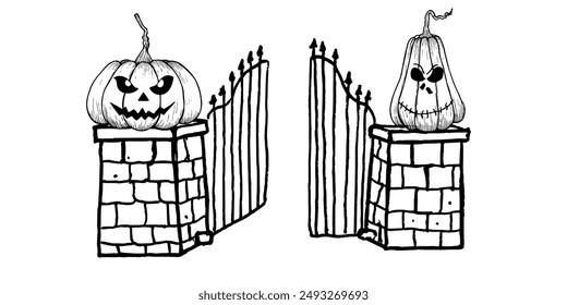 Vector old abandoned cemetery gate with halloween scary pumpkins with black eyes. Hand painted linear fence illustration. Graphic monochrome tombstone art for tattoo, symbol of death, horror. Isolated