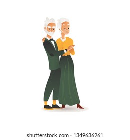 Vector old aged glamour couple in retro style party dress holding hands in dance. Elegant elderly woman and man at celebration. Stylish senior couple nightlife. Isolated illustration.