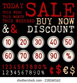 Vector old antique (retro) set labels shops. SALE, DISCOUNT, BUY NOW, TODAY, EURO, DOLLAR, %. Typewriter buttons. Letters old typewriter keys. Black, red, beige, white. Worn appearance. Eps 10 file. 