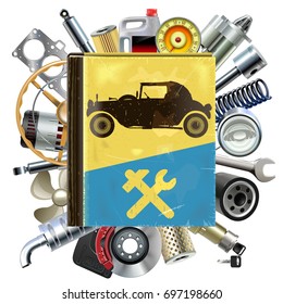 Vector Old Automobile Repair Book with Car Spares