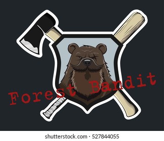 Vector Old Bear Logo Heraldic Shield Emblem Cross Axe and Bat Forest Bandit 
