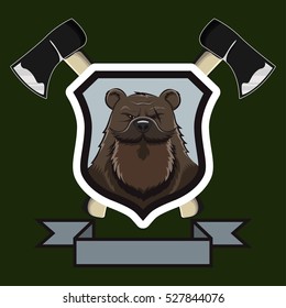 Vector Old Bear Logo Heraldic Shield Emblem Cross Axes Forest Bandit 