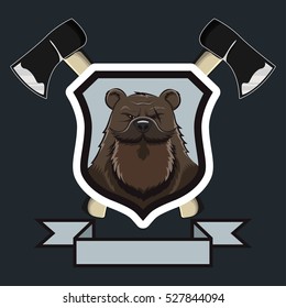 Vector Old Bear Logo Heraldic Shield Emblem Cross Axes Forest Bandit 
