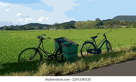 vector, una bicicleta antigua en un campo de arrozal se utiliza para transportar forraje y suministros agrícolas