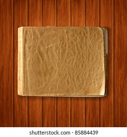 Vector old blank notebook on wood texture background. scrapbook vintage template
