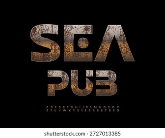 Vector viejo tablero Sea Bar. Fuente metálica envejecida. Conjunto exclusivo de letras y números de alfabeto de estilo oxidado.