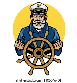 vector of old captain hold the wheel ship
