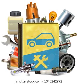 Vector Old Car Repair Book with Car Parts isolated on white background