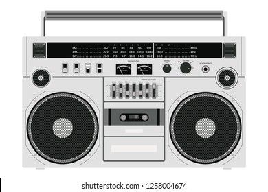 Vector old cassette recorder for pushing music with two speakers isolated on white background.