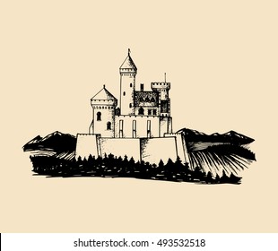Vector old castle illustration. Gothic fortress background. Hand drawn sketch of landscape with ancient tower in mountains. 