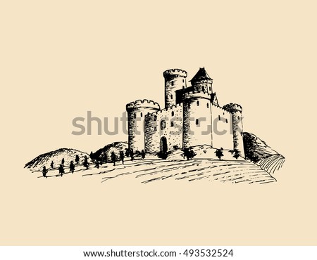 Vector old castle illustration. Gothic fortress background. Hand drawn sketch of landscape with ancient tower among rural fields and hills. 