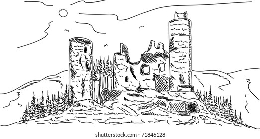 vector - castillo antiguo , ruinas en la cima de la colina