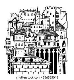 Vector old city skyline with building. Line art illustration. Hand drawn pattern.