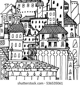 Vector old city skyline with building. Line art illustration. Beautiful old house.