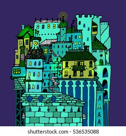 Vector old city skyline in night  with building. Line art illustration. Wallpaper, poster, background