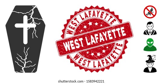 Vector old coffin icon and rubber round stamp seal with West Lafayette phrase. Flat old coffin icon is isolated on a white background. West Lafayette stamp seal uses red color and rubber design.
