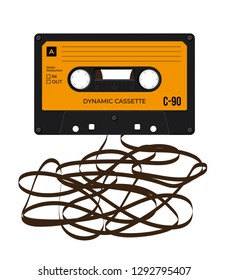 Vector old compact audio cassette with tangled tape