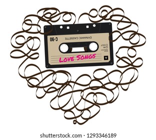 Vector old compact audio cassette with tangled tape they create a heart