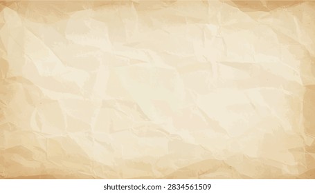 Vector old crumpled paper texture background in beige tan colors. Vintage parchment backdrop with creased wrinkles for retro graphic design, brochure, banner, invitation, and stationery layouts.