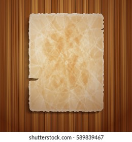 Vector old crumpled ragged paper sheet with transparent shadow on brown wooden background