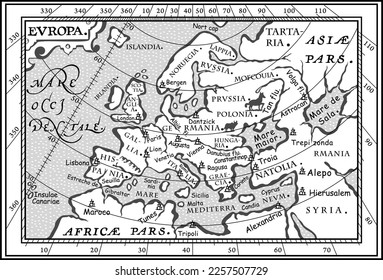 Vector of old European map with coordinate system, XVII century