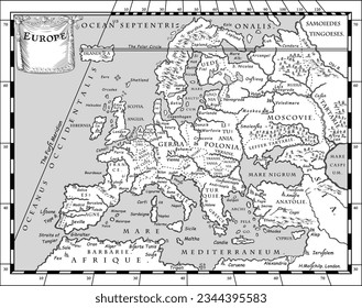 Vector of old European map with coordinate system, XVII century