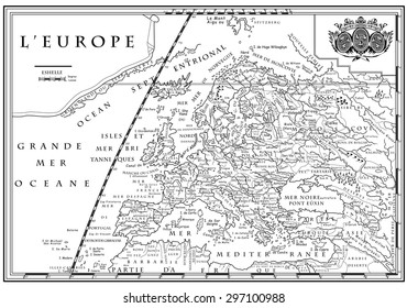 Vector do antigo mapa europeu com sistema de coordenadas, século XVIII