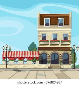 Vector Old Europian Shop Boutique Museum Restaurant Cafe Store Front with Big Windows, Place for Name, Greenery, Street Lanterns and Paving Stones