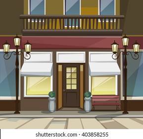 Vector Old Europian Shop Boutique Museum Restaurant Cafe Store Front with Big Windows, Place for Name, Greenery, Street Lanterns and Paving Stones