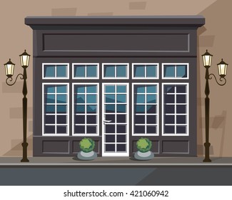 Vector Old Europian Shop Boutique Museum Restaurant Cafe Store Front with Big Windows, Place for Name, Greenery, Street Lanterns and Paving Stones