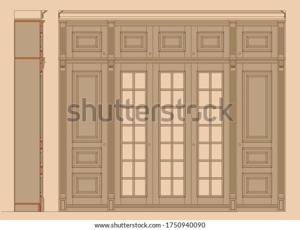 Vector old fashioned\
drawing of wooden wardrobe with carved cornice, mezzanine,\
decorated pilasters, slat door panels. Elevation and section on a\
beige background