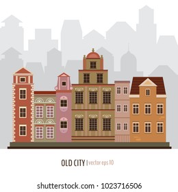 Vector old fashioned europe buildings. Vector city street. Vector illustration for your graphic design.