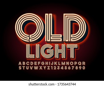 Vector Old Fashioned Light Font. Red maze Font. Glowing creative Letters and Numbers