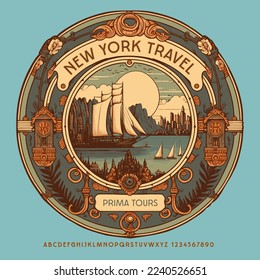 Viaje vectorial a la antigua, insignia, emblema New York Travel con elegantes letras y números de alfabeto. Tipo de letra elegante