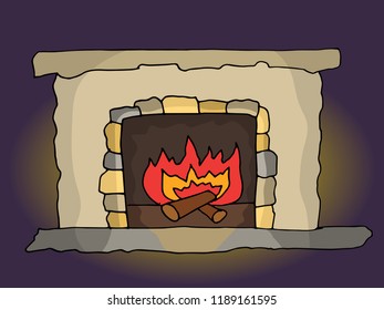 Vector old fireplace from a fairy tale with a burning fire in a dark room