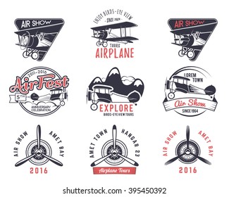 Vector old fly stamps. Travel or business airplane tour emblems. Biplane academy labels. Retro aerial badges isolated. Pilot school logo. Plane tee and t-shirt design for print, web design. Propeller