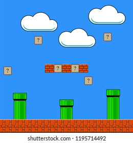 Vector Old Game Background. Classic Retro Arcade Design with Pipe and Brick