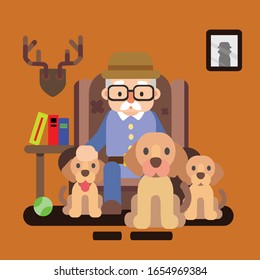 anciano vectorial con los tres perros