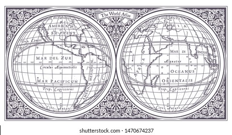 Vector old globe, map of world with new discoveries and decoration