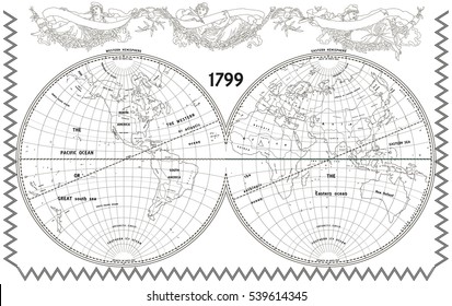 Vector Old Globe, Map Of World With New Discoveries And Decoration With Nymphs