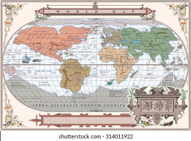 Vector of old globe with water monsters in retro frame svg