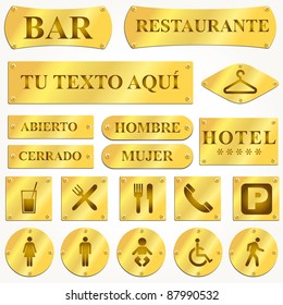 Vector Old golden plates and signboards with spanish text